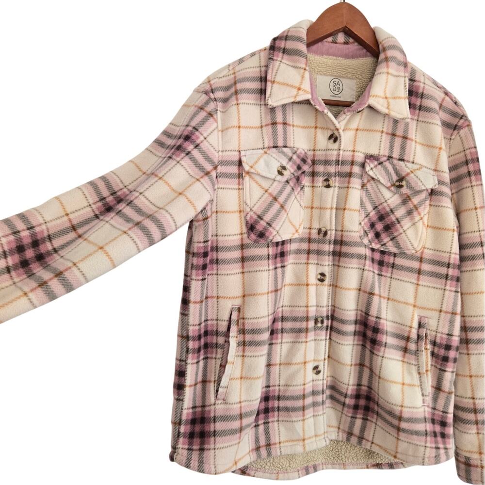 Cabincore/Gorpcore Pink & Cream Plaid Plush‑Lined Shacket Size Medium - Picture 4 of 8